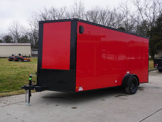 7x12 Enclosed Trailer Red V-Nose Blackout Package 3,500lb Axle Storage image 0