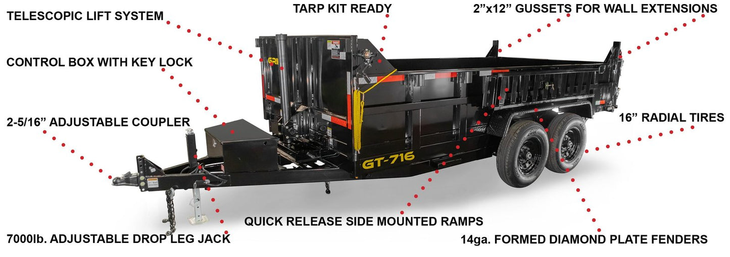 7x16 Telescopic Dump Trailer with 4ft Sides (2) 7K Axles 14k GVWR image 17